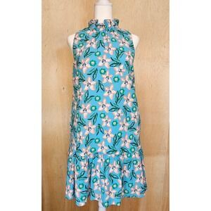 100% Cotton THML Blue‎ Floral Sleeveless Dress Size XS Ruffle Neck/Hem Pockets